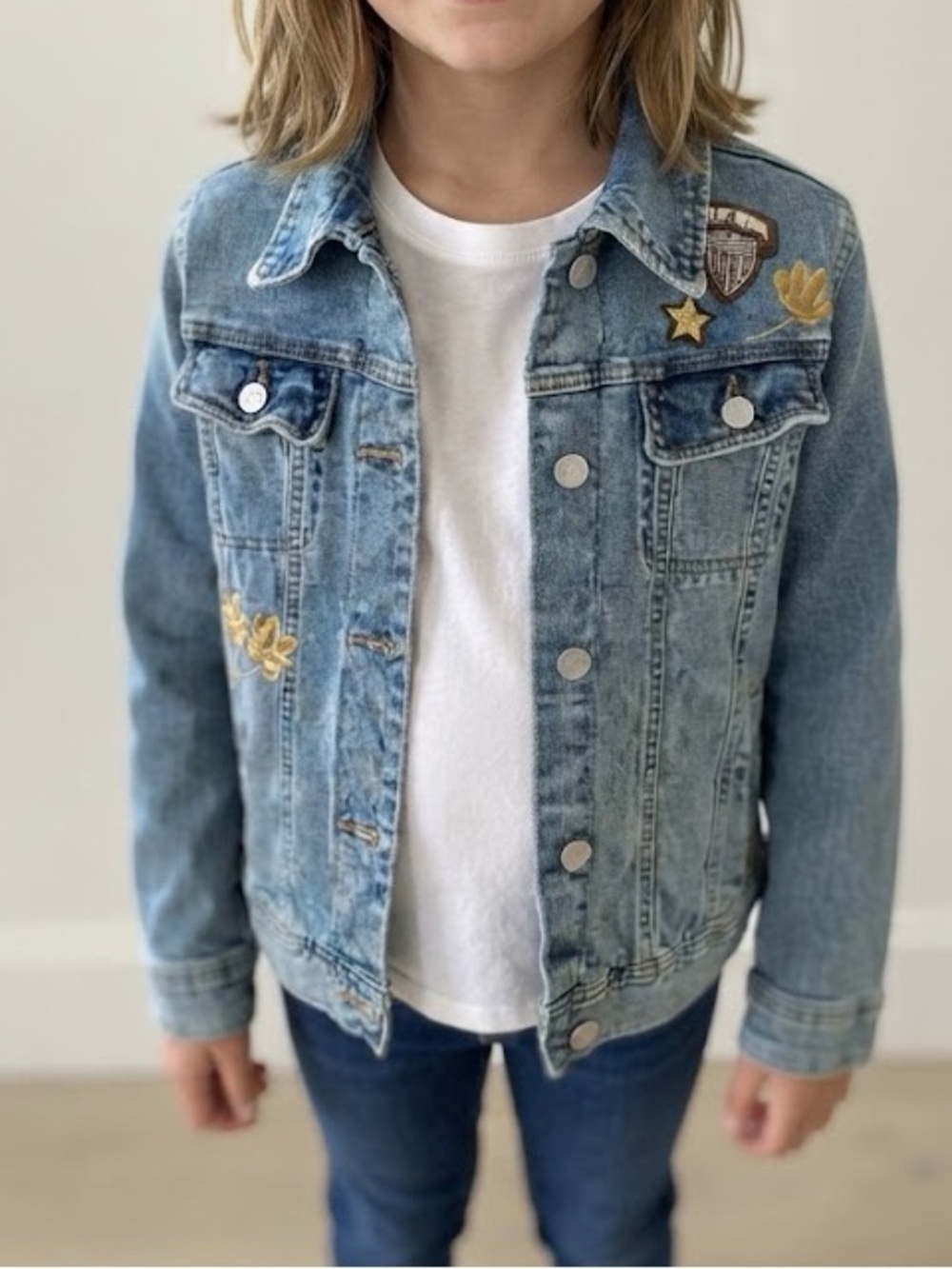 Lauren Ralph Lauren Embroidered Floral Crest Patch Denim Trucker Jacket Size 10